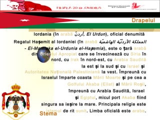 Iordania (în arabă ‫ن‬ّ ‫,أرد‬ El Urdun), oficial denumită 
Regatul Ha emit al Iordaniei (în ș arabă ‫ية‬ّ ‫الهاشم‬ ‫ية‬ّ ‫ن‬ّ ‫الرد‬ ‫المملكة‬
- El-Mamlaka el-Urdunia el-Ha emiaș ), este o ară ț arabă
 din Orientul Apropiat care se învecinează cu Siria în
nord, cu Irak în nord-est, cu Arabia Saudită
 la est i la sud i cu ș ș Israel  i ș
Autoritatea Na ională Palestinianăț  la vest. Împreună cu
Israelul împarte coasta Mării Moarte  i pe cea aș
 Golfului Akaba (Eilat) al Mării Ro iiș ,
împreună cu Arabia Saudită, Israel
i ș Egiptul, micul port Akaba fiind
singura sa ie ire la mare. Principala religie esteș
 islamul de rit sunit. Limba oficială este araba.
Stema
Drapelul
 