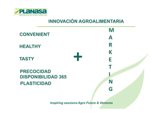 INNOVACIÓN AGROALIMENTARIA
CONVENIENT
HEALTHY
TASTY
M
A
R
K
E+
Inspiring sessions-Agro Future & Ventures
PRECOCIDAD
TASTY
PLASTICIDAD
E
T
I
N
G
+
DISPONIBILIDAD 365
 