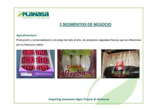Agroalimentaria
Producción y comercialización a lo largo de todo el año, de productos vegetales frescos que se diferencian
por su frescura y sabor.
3 SEGMENTOS DE NEGOCIO
Inspiring sessions-Agro Future & Ventures
 