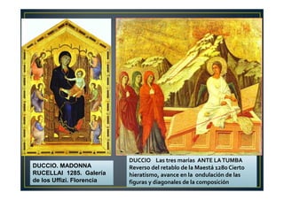 DUCCIO. MADONNA
RUCELLAI 1285. Galería
de los Uffizi. Florencia
DUCCIO Las tres marías ANTE LATUMBA
Reverso del retablo de la Maestá 1280 Cierto
hieratismo, avance en la ondulación de las
figuras y diagonales de la composición
 