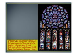 CATEDRAL DE CHARTRES.VIDRIERAS
En la parte superiorVirgen con el niño,
ángeles , palomas, reyes de Judá
En la parte inferior: Melquisedec, David,
Santa Ana, laVirgen, Salomón y Aaron
 