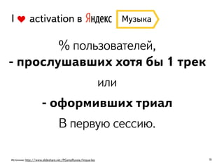 18
I activation в
% пользователей, 
- прослушавших хотя бы 1 трек
или
- оформивших триал
В первую сессию.
Источник: http://www.slideshare.net/PCampRussia/lingua-leo
 