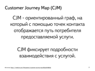 27
Customer Journey Map (CJM)
Источник: https://medium.com/@copylove/customer-journey-map-8a5ac61d6b5e
CJM - ориентированный граф, на
который с помощью точек контакта
отображается путь потребителя
предоставляемой услуги.
!
CJM фиксирует подробности
взаимодействия с услугой.
 