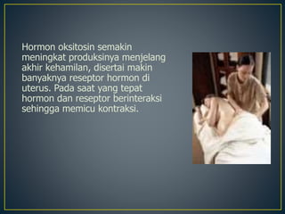 Hormon oksitosin semakin
meningkat produksinya menjelang
akhir kehamilan, disertai makin
banyaknya reseptor hormon di
uterus. Pada saat yang tepat
hormon dan reseptor berinteraksi
sehingga memicu kontraksi.
 