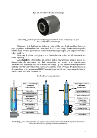 5
Rys. 5.5. Silentblock drążka reakcyjnego
Źródło: http://motointegrator.sprzedajemy.pl/silentblock-drazka-reakcyjnego-ted-gum-
00341721,6364752?source=right
Stosowany jest do tłumienia hałasów i wibracji łączonych elementów. Objawem
jego zużycia są stuki dochodzące z mocowań drążka reakcyjnego. Uszkodzenie tego ele-
mentu może również powodować nierównomierne zużycie opon (np. większe wytarcie
od wewnątrz).
Naprawa drążków reakcyjnych oraz Silentblocków polega na ich wymianie na
nowe elementy.
Amortyzatory odpowiadają za kontakt koła z nawierzchnią drogi a zatem nie
dopuszczają do odrywania się kół samochodu od jezdni oraz nadmiernego
,,rozkołysania” się całego pojazdu. ( tłumią wstrząsy). Zły stan amortyzatorów powoduje
szybsze zużycie wszystkich elementów zawieszenia, opon, wydłuża drogę hamowania,
dezorganizuje pracę systemu ABS i ESP. Amortyzator jest od góry mocowany do nadwo-
zia lub ramy, a od dołu do wahacza.
Rys. 5.6. Budowa amortyzatora
Źródło:http://auto-primo.pl/index.php?option=com_content&view=article&id=98:naprawa-elementow-
zawieszenia&catid=40:naprawy-zawieszenia&Itemid=93
 