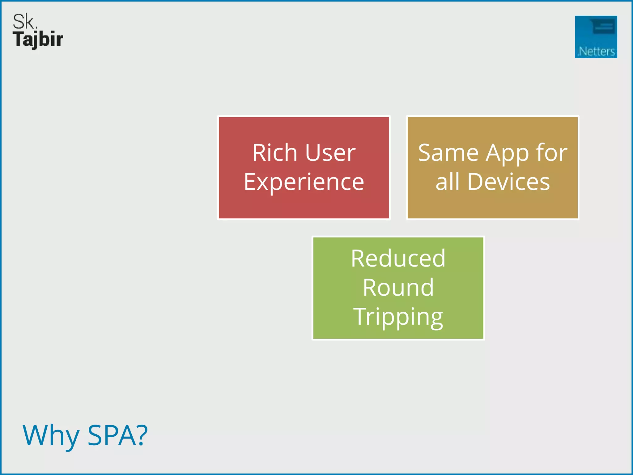 Why SPA?
Rich User
Experience
Same App for
all Devices
Reduced
Round
Tripping
 