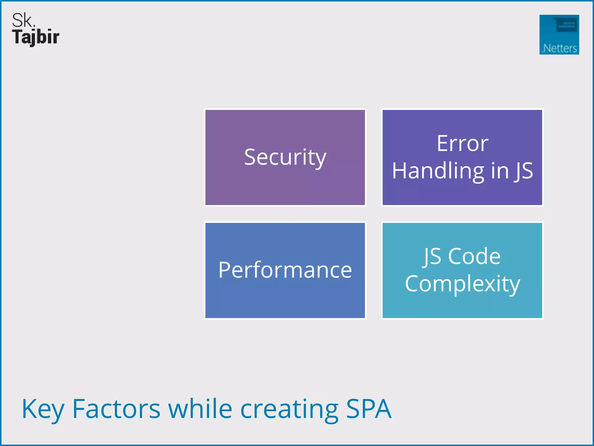 Key Factors while creating SPA
Security
Error
Handling in JS
Performance
JS Code
Complexity
 