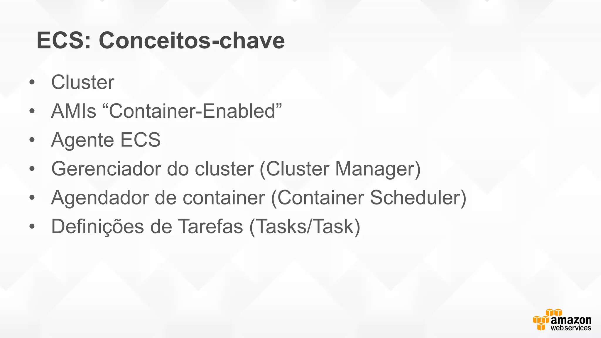 ECS: Conceitos-chave
• Cluster
• AMIs “Container-Enabled”
• Agente ECS
• Gerenciador do cluster (Cluster Manager)
• Agendador de container (Container Scheduler)
• Definições de Tarefas (Tasks/Task)
 