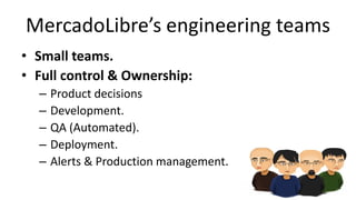 MercadoLibre’s engineering teams
• Small teams.
• Full control & Ownership:
– Product decisions
– Development.
– QA (Automated).
– Deployment.
– Alerts & Production management.
 