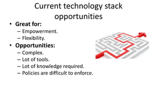 Current technology stack
opportunities
• Great for:
– Empowerment.
– Flexibility.
• Opportunities:
– Complex.
– Lot of tools.
– Lot of knowledge required.
– Policies are difficult to enforce.
 