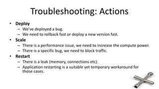 Troubleshooting: Actions
• Deploy
– We’ve deployed a bug.
– We need to rollback fast or deploy a new version fast.
• Scale
– There is a performance issue, we need to increase the compute power.
– There is a specific bug, we need to block traffic.
• Restart
– There is a leak (memory, connections etc).
– Application restarting is a suitable yet temporary workaround for
those cases.
 