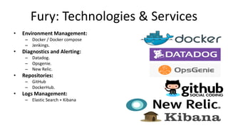 Fury: Technologies & Services
• Environment Management:
– Docker / Docker compose
– Jenkings.
• Diagnostics and Alerting:
– Datadog.
– Opsgenie.
– New Relic.
• Repositories:
– GitHub
– DockerHub.
• Logs Management:
– Elastic Search + Kibana
 