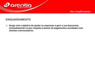 ENQUADRAMENTO
 Surge com o objetivo de ajudar as empresas a gerir a sua tesouraria,
nomeadamente no que respeita a planos de pagamentos acordados com
clientes e fornecedores.
 