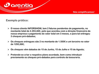 Exemplo prático:
 O nosso cliente INFORSHOW, tem 2 faturas pendentes de pagamento, no
montante total de 4.293,66€, pelo que acordou com a direção financeira da
nossa empresa o pagamento do valor total em 3 meses, e para tal entregou
3 cheques pré-datados;
 Os cheques entregues são 2 no montante de 1.500€ e um terceiro no valor
de 1293,66€;
 Os cheques vêm datados de 15 de Junho, 15 de Julho e 15 de Agosto;
 Pretende-se criar o respetivo plano acordado, bem como introduzir
previamente os cheques pré-datados para controlo da tesouraria.
 