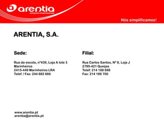 ARENTIA, S.A.
www.arentia.pt
arentia@arentia.pt
Sede:
Rua da escola, nº439, Loja A lote 3
Marinheiros
2415-449 Marinheiros LRA
Telef. / Fax: 244 882 666
Filial:
Rua Carlos Santos, Nº 8, Loja J
2790-421 Queijas
Telef: 214 188 698
Fax: 214 188 700
 