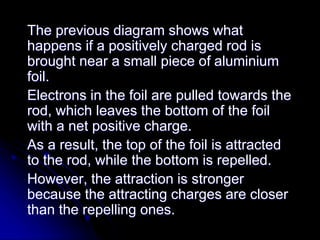 The previous diagram shows what
happens if a positively charged rod is
brought near a small piece of aluminium
foil.
Electrons in the foil are pulled towards the
rod, which leaves the bottom of the foil
with a net positive charge.
As a result, the top of the foil is attracted
to the rod, while the bottom is repelled.
However, the attraction is stronger
because the attracting charges are closer
than the repelling ones.
 