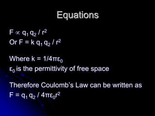Equations
F  q1 q2 / r2
Or F = k q1 q2 / r2
Where k = 1/4πε0
ε0 is the permittivity of free space
Therefore Coulomb’s Law can be written as
F = q1 q2 / 4πε0r2
 