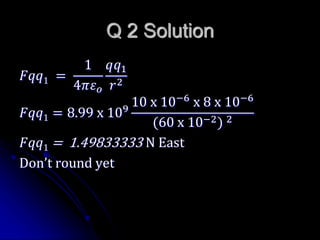 Q 2 Solution
𝐹𝑞𝑞1 =
1
4𝜋𝜀 𝑜
𝑞𝑞1
𝑟2
𝐹𝑞𝑞1 = 8.99 x 109
10 x 10−6
x 8 x 10−6
(60 x 10−2) 2
𝐹𝑞𝑞1 = 1.49833333 N East
Don’t round yet
 