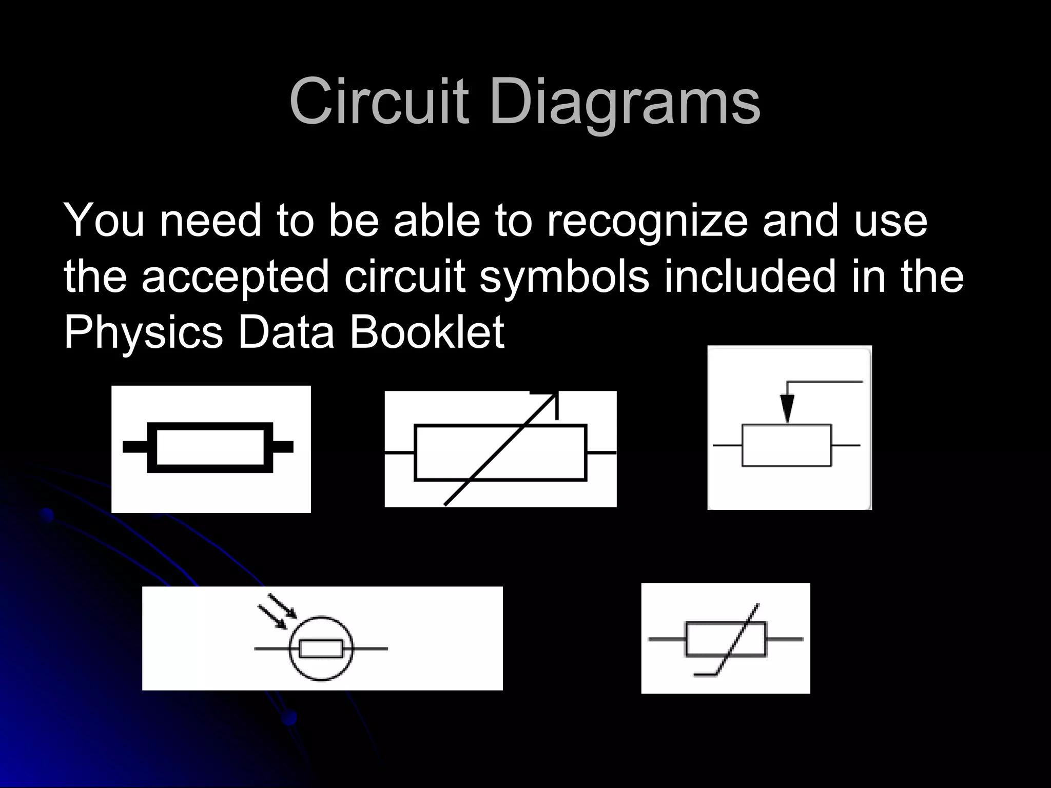 Circuit DiagramsCircuit Diagrams
You need to be able to recognize and useYou need to be able to recognize and use
the accepted circuit symbols included in thethe accepted circuit symbols included in the
Physics Data BookletPhysics Data Booklet
 
