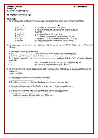 ΑΡΧΑΙΑ ΕΛΛΗΝΙΚΑ Α΄ ΓΥΜΝΑΣΙΟΥ
ΕΝΟΤΗΤΑ 5
Ο πλούτος της αττικής γης
Β1. Λεξιλογικός Πίνακας: ἡ γῆ
Ασκήσεις:
1. Να αντιστοιχίσετε τις λέξεις της στήλης Α με τη σημασία τους, όπως παρατίθεται στη στήλη Β.
Α Β
1. υδρόγειος α. που είναι στο εσωτερικό μιας χώρας
2. ισόγειος β. το κοντινότερο στη γη σημείο της τροχιάς ουράνιου
σώματος
3. μεσόγειος γ. που αποτελείται από γη και νερό
4. υπέργειος δ. που βρίσκεται πάνω από την επιφάνεια της γης
5. απόγειο ε. η μέγιστη απόσταση ουράνιου σώματος από τη γη
6. περίγειο στ. που βρίσκεται στο ίδιο επίπεδο με το έδαφος
2. Να συμπληρώσετε τα κενά των παρακάτω προτάσεων με την κατάλληλη λέξη από το Λεξιλογικό
Πίνακα.
α. Οι Αθηναίοι υποστήριζαν ότι ήταν ……………………………………..
β. Ο …………………………………….. δίνει συμβουλές στους αγρότες για τις καλλιέργειες.
γ. Ο στρατός στρατοπέδευσε πάνω σε ένα ……………………………………..
δ. Η φετινή παραγωγή των …………………………………….. μειώθηκε εξαιτίας των άσχημων καιρικών
συνθηκών.
ε. Η …………………………………….. θέση μιας χώρας καθορίζει και την εξωτερική πολιτική της.
στ. Η …………………………………….. για την ανεύρεση πετρελαίου ήταν άκαρπη.
3. Να αντικαταστήσετε τις υπογραμμισμένες λέξεις των παρακάτω προτάσεων με συνώνυμές τους από το
λεξιλογικό
πίνακα του βιβλίου.
α. Οι πατάτες Νευροκοπίου είναι άριστης ποιότητας.
……………………………………..
β. Οι ντόπιοι κάτοικοι της πόλης αντιδρούσαν στην εγκατάσταση των ξένων.
……………………………………..
γ. Οι αγρότες διαμαρτύρονται διεκδικώντας καλύτερες τιμές για τα προϊόντα τους.
……………………………………..
δ. Ο άνθρωπος αρέσκεται στις υλικές απολαύσεις και στα εγκόσμια αγαθά.
……………………………………..
ε. Η ομάδα την επόμενη Κυριακή παίζει στην έδρα της.
……………………………………..
 