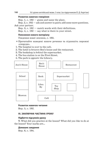 Усі уроки англійської мови. 5 клас (за підручником О. Д. Карп’юк)168
Розвиток навичок говоріння
Впр. 1, с. 192 — guess and name the place.
Впр. 2, с. 192 — ask and answer in pairs; add some more questions.
Ask your partner.
Впр. 3, с. 192 — match words with their definitions.
Впр. 4, с. 192 — say what is there in your street.
Пояснення нового матеріалу
Уведення нової лексики, с. 193.
TT Прочитайте наведені нижче речення та підпишіть порожні
«споруди».
1.	The hospital is next to the café.
2.	The hotel is between Ben’s house and the restaurant.
3.	The bookshop is behind the supermarket.
4.	The bus station is on the First Street.
5.	The park is opposite the Library.
Ann’s House
Ben’s
House
Restaurant
School
Museum
Libra
Ry
Bank Supermarket
Toy
Shop
Café
Розвиток навичок читання
Впр. 5, с. 192.
ІІІ. ЗАКЛЮЧНА ЧАСТИНА УРОКУ
Підбиття підсумків уроку
T. What did you practice at the lesson? What did you like to do at
the lesson? Your marks are…
Домашнє завдання
Впр. 6, с. 194.
 