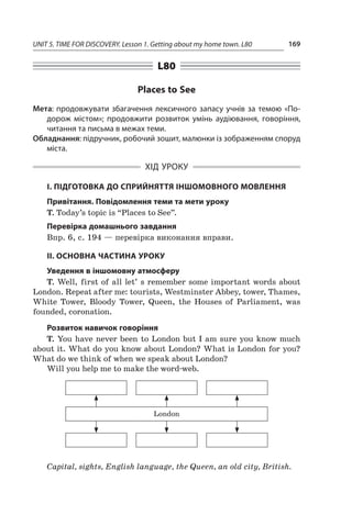 UNIT 5. TIME FOR DISCOVERY. Lesson 1. Getting about my home town. L80 169
L80
Places to See
Мета: продовжувати збагачення лексичного запасу учнів за темою «По-
дорож містом»; продовжити розвиток умінь аудіювання, говоріння,
читання та письма в межах теми.
Обладнання: підручник, робочий зошит, малюнки із зображенням споруд
міста.
ХІД УРОКУ
І. ПІДГОТОВКА ДО СПРИЙНЯТТЯ ІНШОМОВНОГО МОВЛЕННЯ
Привітання. Повідомлення теми та мети уроку
T. Today’s topic is “Places to See”.
Перевірка домашнього завдання
Впр. 6, с. 194 — перевірка виконання вправи.
II. ОСНОВНА ЧАСТИНА УРОКУ
Уведення в іншомовну атмосферу
T. Well, first of all let’ s remember some important words about
London. Repeat after me: tourists, Westminster Abbey, tower, Thames,
White Tower, Bloody Tower, Queen, the Houses of Parliament, was
founded, coronation.
Розвиток навичок говоріння
T. You have never been to London but I am sure you know much
about it. What do you know about London? What is London for you?
What do we think of when we speak about London?
Will you help me to make the word-web.
London
Capital, sights, English language, the Queen, an old city, British.
 