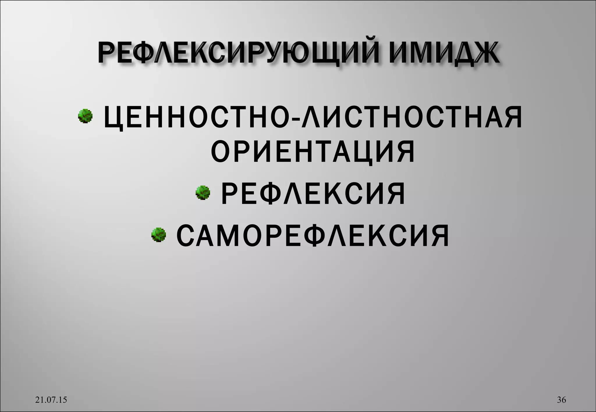 ЦЕННОСТНО-ЛИСТНОСТНАЯ
ОРИЕНТАЦИЯ
РЕФЛЕКСИЯ
САМОРЕФЛЕКСИЯ
21.07.15 36
 
