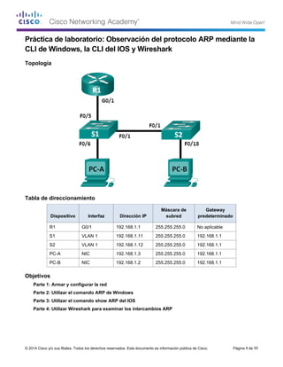© 2014 Cisco y/o sus filiales. Todos los derechos reservados. Este documento es información pública de Cisco. Página 1 de 11
Práctica de laboratorio: Observación del protocolo ARP mediante la
CLI de Windows, la CLI del IOS y Wireshark
Topología
Tabla de direccionamiento
Dispositivo Interfaz Dirección IP
Máscara de
subred
Gateway
predeterminado
R1 G0/1 192.168.1.1 255.255.255.0 No aplicable
S1 VLAN 1 192.168.1.11 255.255.255.0 192.168.1.1
S2 VLAN 1 192.168.1.12 255.255.255.0 192.168.1.1
PC-A NIC 192.168.1.3 255.255.255.0 192.168.1.1
PC-B NIC 192.168.1.2 255.255.255.0 192.168.1.1
Objetivos
Parte 1: Armar y configurar la red
Parte 2: Utilizar el comando ARP de Windows
Parte 3: Utilizar el comando show ARP del IOS
Parte 4: Utilizar Wireshark para examinar los intercambios ARP
 