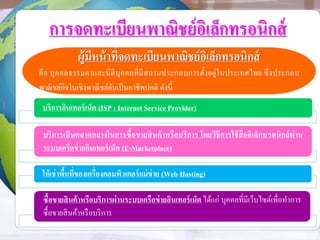 การจดทะเบียนพาณิชย์อิเล็กทรอนิกส์
บริการอินเทอร์เน็ต (ISP : Internet Service Provider)
บริการเป็นตลาดกลางในการซื้อขายสินค้าหรือบริการ โดยวิธีการใช้สื่ออิเล็กทรอนิกส์ผ่าน
ระบบเครือข่ายอินเทอร์เน็ต (E-Marketplace)
ให้เช่าพื้นที่ของเครื่องคอมพิวเตอร์แม่ข่าย (Web Hosting)
ซื้อขายสินค้าหรือบริการผ่านระบบเครือข่ายอินเทอร์เน็ต ได้แก่ บุคคลที่มีเว็บไซต์เพื่อทาการ
ซื้อขายสินค้าหรือบริการ
ผู้มีหน้าที่จดทะเบียนพาณิชย์อิเล็กทรอนิกส์
คือ บุคคลธรรมดาและนิติบุคคลที่มีสถานประกอบการตั้งอยู่ในประเทศไทย ซึ่งประกอบ
พาณิชย์กิจในเชิงพาณิชย์อันเป็นอาชีพปกติ ดังนี้
 