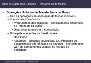 Page 11
Processos Químicos para Eng.Produção – Profa. Adriana Marotti
Tipos de Operãções Unitárias - Transferência de Massa
• Operações Unitárias de Transferência de Massa
– São as operações de separação de fluidos miscíveis
– Conceitos de Físico-Química:
• Propriedades das soluções – principalmente diferenças
de Pontos de Ebulição
• Diagramas temperatura-composição
– Principais operações de transf.massa:
• Destilação
• Absorção – soluções líquido/gás. Ex.: Processo de
desasfaltação em refinação de petróleo – extração com
GLP de componentes voláteis de resíduo de
destilação.
 