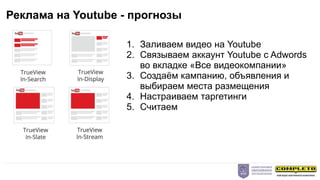 1. Заливаем видео на Youtube
2. Связываем аккаунт Youtube с Adwords
во вкладке «Все видеокомпании»
3. Создаём кампанию, объявления и
выбираем места размещения
4. Настраиваем таргетинги
5. Считаем
Реклама на Youtube - прогнозы
 