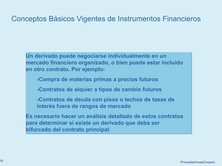 PricewaterhouseCoopers19
Un derivado puede negociarse individualmente en un
mercado financiero organizado, o bien puede estar incluido
en otro contrato. Por ejemplo:
-Compra de materias primas a precios futuros
-Contratos de alquier a tipos de cambio futuros
-Contratos de deuda con pisos o techos de tasas de
interés fuera de rangos de mercado
Es necesario hacer un análisis detallado de estos contratos
para determinar si existe un derivado que deba ser
bifurcado del contrato principal
Un derivado puede negociarse individualmente en un
mercado financiero organizado, o bien puede estar incluido
en otro contrato. Por ejemplo:
-Compra de materias primas a precios futuros
-Contratos de alquier a tipos de cambio futuros
-Contratos de deuda con pisos o techos de tasas de
interés fuera de rangos de mercado
Es necesario hacer un análisis detallado de estos contratos
para determinar si existe un derivado que deba ser
bifurcado del contrato principal
Conceptos Básicos Vigentes de Instrumentos Financieros
 
