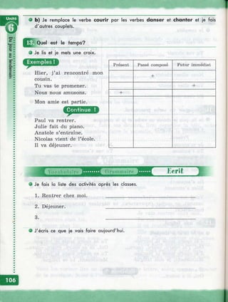 т а
ь) Je remplace le verbe courir p a r les verbes danser et chanter et je fais
d'autres couplets.
Quel esf le temps?
Ф Je lis et je mets une croix.
Hier, j ’ai rencontré mon
cousin.
Tu vas te promener.
Nous nous amusons.
Mon amie est partie.
Paul va rentrer.
Julie fait du piano.
Anatole s’entraîne.
Nicolas vient de l’école.
Il va déjeuner.
Présent Passé composé Futur immédiat
+
+
+
о Je fais la liste des activités après les classes.
1. Rentrer chez moi. ____________
2. D é j e u n e r . ____________
3.
Eerit
e J'écris ce que je vais faire aujourd'hui.
 