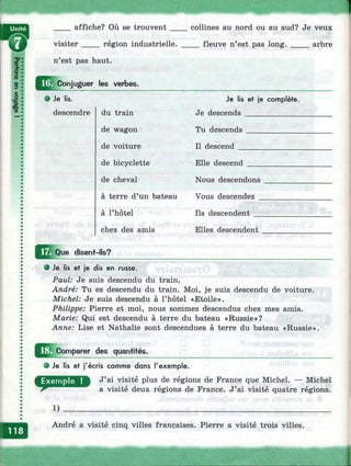 ____affiche? Où se trouvent_____collines au nord ou au sud? Je veux
visiter____ région industrielle. _____ fleuve n’est pas long. _____ arbre
n’est pas haut.
Conjuguer les verbes.
• Je lis.
descendre du train
de wagon
de voiture
de bicyclette
de cheval
à terre d’un bateau
à l’hôtel
chez des amis
Je lis et je complète.
Je descends_____________
Tu descends
Il descend
Elle descend
Nous descendons
Vous descendez _
Ils descendent
Elles descendent
Que diseni-lls?
# Je lis et je dis en russe.
Paul: Je suis descendu du train.
André: Tu es descendu du train. Moi, je suis descendu de voiture.
Michel: Je suis descendu à l’hôtel «Etoile».
Philippe: Pierre et moi, nous sommes descendus chez mes amis.
Marie: Qui est descendu à terre du bateau «Russie»?
Anne: Lise et Nathalie sont descendues à terre du bateau «Russie».
Comparer des quantités.
Je lis et j'écris com m e dans l'exem ple.
J’ai visité plus de régie
a visité deux régions de France. J’ai visité quatre régions.
J’ai visité plus de régions de France que Michel. — Michel
1)
André a visité cinq villes françaises. Pierre a visité trois villes.
 