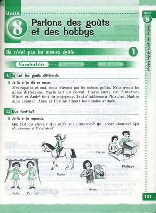Parlons des goûis
ef des hobbys
Unité
ll.S n’ont pa^ les mcmes ôpùt» IKX-'
О
( Voeabuïalre'^^^f
Q ^ lls ont les goûts différents.
T;-;. î.i'fU
Ж
о Je lis et je dis en russe.
Mes copains et moi, nous n’avons pas les mêmes goûts. Nous avons les
goûts différents. Marie fait du cheval. Pierre surfe sur l’Internet.
Michel et André font du ping-pong. Paul s’intéresse à l’histoire. Nadine
aime chanter. Anne et Pauline aiment les dessins animés.
| ^ (Que font-ils?
О Je lis et je réponds.
Qui fait du cheval? Qui surfe sur l’Internet? Qui adore chanter? Qui
s’intéresse à l’histoire?
Philippe
Marie
Anne
03
03
Julie Pauline
 
