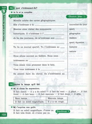 quoi s'iniéressent-ils?
^ --------------------------------------------Q Je lis et je complète.
Mireille achète des cartes géographiques.
Elle s’intéresse à l a ____________________
Maxime aime visiter des monuments
historiques. Il s’intéresse à Г_______
Je lis des journaux. Je m’intéresse aux
Tu lis un journal sportif. Tu t’intéresses au
Nous allons souvent au théâtre. Nous nous
intéressons au ____________________________
Vous aimez vous promener dans le bois.
Vous vous intéressez à l a _________________
Ils aiment faire du cheval. Ils s’intéressent au
[Décrire le temps qu'il fait.
О a) Je classe les expressions.
Il fait chaud — il y a du soleil
Choisis bien !
nouvelles du jour
sport
géographie
théâtre
sport équestre
histoire
nature
il fait du vent — il pleut — il fait
froid — il fait beau — il fait mauvais — il fait doux — il gèle.
Beau temps Mauvais temps
Il fait un soleil magnifique. Il y a un orage.
О b) J'exprime mes goûts.
Il fait un soleil magnifique. J’aime ça.
Il fait très froid. Je n’aime pas ça.
i
 