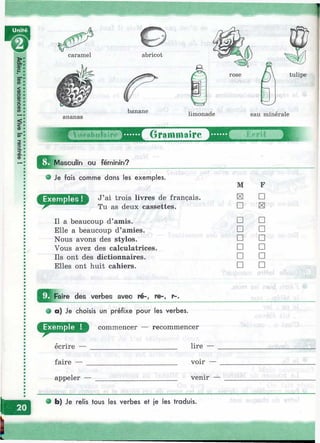 caramel
О
abricot
banane
ananas
Vofebllleifi* Grammaire
ou féminin?
• Je fais comme dans les exemples.
J’ai trois livres de français.
Tu as deux cassettes.
Il a beaucoup d’amis.
Elle a beaucoup d’amies.
Nous avons des stylos.
Vous avez des calculatrices.
Ils ont des dictionnaires.
Elles ont huit cahiers.
M F
и □
□
□ □
□ □
□ □
□ □
□ □
□ □
J ^ F a ire des verbes avec ré-, re-, r-.
О a) Je choisis un préfixe pour les verbes.
commencer — recommencer
ecrire —
faire —
appeler —
lire —
voir -
venir
О b) Je relis tous les verbes et je les traduis.
 