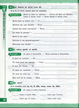 I
faisons ce qu'on nous dit.
О Je lis et j'écris comme dans les exemples.
Ecris la date au tableau! — J’écris la date au tableau.
Lisez à haute voix! — Nous lisons à haute voix.
Ecris bien la lettre «z»! — J’
Ecrivez sur une feuille! — Nous
Lisons les mots nouveaux! — Nous
Lis bien la phrase! — ____________
Ecris à ton ami! — _______________
Ecrivez à vos grands-parents!
Ecrivons une dictée! — _____
Les vebres parfir et sortir.
Je pars à bicyclette. — Nous partons à bicyclette.
Il part en voiture. — Ils ____________________________________
Tu sors avec tes copains. — Vous
Il sort de l’école. — Ils ________i_
Je pars en vacances. — N ous____
Tu sors de chez toi. — Vous
Elle sort de la classe. — Elles
vient?
Je complète avec je, tu, il, elle, nous, vous, ils, elles.
Je viens à notre réunion.
viens à notre fête,
vient par le train.
vient par l’avion,
viens chez moi.
 