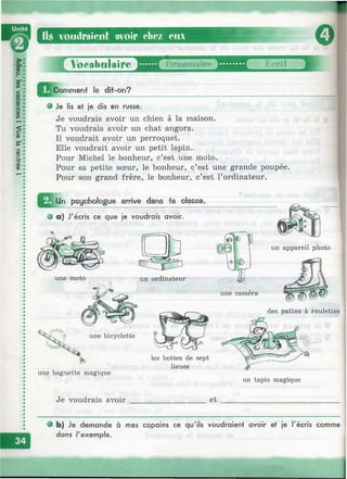 Ils voudraient avoir chez eux
УоеаЬц1а1г е 'Д Д [ (э-аи <r
Ю ^ С о тте п ^ le dit-on?
О Je lis et je dis en russe.
Je voudrais avoir un chien à la maison.
Tu voudrais avoir un chat angora.
Il voudrait avoir un perroquet.
Elle voudrait avoir un petit lapin.
Pour Michel le bonheur, c’est une moto.
Pour sa petite sœur, le bonheur, c’est une grande poupée.
Pour son grand frère, le bonheur, c’est l’ordinateur.
psychologue arrive dans fa classe.
О a) J'écris ce que je voudrais avoir.
Ю)
un appareil photo
une moto un ordinateur S
une caméra
une bicyclette
des patins à roulettes
une baguette magique
les bottes de sept
lieues
un tapis magique
Je voudrais avoir et
• b) Je demande à mes copains ce qu'ils voudraient avoir et je l'écris comme
dans l'exemple.
 
