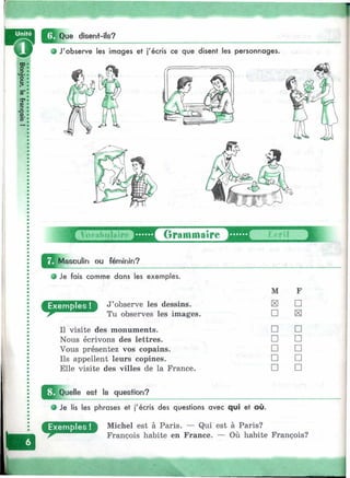 -2
t 'ч'•
Que disent-ils?
О J'observe les images et j'écris ce que disent les personnages.
VocrtMlilaire Grammaire
Masculinin ou féminin?
О Je fais comme dans les exemples.
I^ l^ u e lle est la question?
l e f l t
M F
observes les images. □
□
S
Il visite des monuments. □ □
Nous écrivons des lettres. □ □
Vous présentez vos copains. □ □
Ils appellent leurs copines. □ □
Elle visite des villes de la France. □ □
О Je lis les phrases et j'écris des questions avec qui et où.
Michel est à Paris. — Qui est à Paris?
François habite en France. — Où habite François?
 