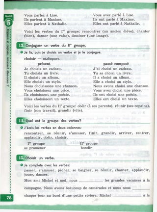 I
Vous parlez à Lise, Vous avez parlé à Lise.
Ils parlent à Maxime. Ils ont parlé à Maxime.
Elles parlent à Nathalie. Elles ont parlé à Nathalie.
Voici les verbes du Г*" groupe; rencontrer (un ancien élève), chanter
(bien), danser (une valse), dessiner (une image).
Conjuguer un verbe du IP groupe.
• Je lis, puis je choisis un verbe et je le conjugue.
choisir — выбирать
présent passé composé
Je choisis un cadeau. J’ai choisi un cadeau.
Tu choisis un livre. Tu as choisi un livre.
Il choisit un album. Il a choisi un album.
Elle choisit un stylo. Elle a choisi un stylo.
Nous choisissons une chanson. Nous avons choisi une chanson.
Vous choisissez une pièce. Vous avez choisi une pièce.
Ils choisissent une poésie. Ils ont choisi une poésie.
Elles choisissent un texte. Elles ont choisi un texte.
Voici les verbes du 1Г groupe: obéir (à ses parents), réunir (ses copains),
finir (son travail), grandir (vite).
J2 |Q u e l^ est le groupe des verbes?
• J'écris les verbes en deux colonnes:
rencontrer, se réunir, s’amuser, finir, grandir, arriver, rentrer,
applaudir, obéir, choisir.
Г'' groupe ir groupe
se promener bondir
^^jfChoisir un verbe.
• Je complète avec les verbes:
passer, s’amuser, pêcher, se baigner, se réunir, chanter, applaudir,
jouer, danser.
Mon ami Michel et moi, nous _____________ les grandes vacances à la
campagne. Nous avons beaucoup de camarades et nous nous_________
chaque jour au bord d’une petite rivière. Michel ________________ à la
 