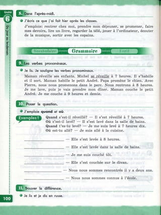 ^ ^ D ans l'après-midi.
^ --------------------------------
•Il
• J'écris ce que j'ai fait hier après les classes.
J’emploie: rentrer chez moi, prendre mon déjeuner, se promener, faire
mes devoirs, lire un livre, regarder la télé, jouer à l’ordinateur, écouter
de la musique, sortir avec les copains.
Les verbes pronominaux.
Grammaire Ш l.rW g
® Je lis. Je souligne les verbes pronominaux.
Maman réveille ses enfants. Michel se réveille à 7 heures. Il s’habille
et il sort. Maman habille le petit André. Papa promène le chien. Avec
Pierre, nous nous promenons dans le parc. Nous rentrons à 8 heures.
Je me lave, puis je vais prendre mon dîner. Maman couche le petit
André. Je me couche à 9 heures et demie.
jJ J |P o s e r la question.
J'emploie quand et où.
Quand s’est-il réveillé? — Il s’est réveillé à 7 heures.
Où s’est-il lavé? — Il s’est lavé dans la salle de bains.
Quand t’es-tu levé? — Je me suis levé à 7 heures dix.
Où est-tu allé? — Je suis allé à la cuisine.
__________ — Elle s’est levée à 8 heures.
__________ — Elle s’est lavée dans la salle de bains.
__________ — Je me suis couché tôt.
__________ — Elle s’est couchée sur le divan.
— Nous nous sommes rencontrés il y a deux ans.
— Nous nous sommes connus à l’école.
Trouver la différence.
• Je lis et je dis en russe.
 