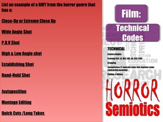 Film:Film:
Technical
Codes
Technical
Codes
TECHNICAL
Camera Angles
Framing (ELS, LS, MLS, MS, CU, ECU, POV)
Cropping
Juxtaposition (2 separate signs that together make
contrasting meaning)
Cutting & Editing
List an example of a RMT from the horror genre that
has a:
Close-Up or Extreme Close Up
Wide Angle Shot
P.O.V Shot
High & Low Angle shot
Establishing Shot
Hand-Held Shot
Juxtaposition
Montage Editing
Quick Cuts /Long Takes
List an example of a RMT from the horror genre that
has a:
Close-Up or Extreme Close Up
Wide Angle Shot
P.O.V Shot
High & Low Angle shot
Establishing Shot
Hand-Held Shot
Juxtaposition
Montage Editing
Quick Cuts /Long Takes
 