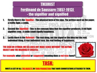 1. Firstly there’s the Signifier - The physical form of the sign. The written word on the paper,
a traffic light, a smile.
2. Second the Signified - This is the concept/idea that the signifier produces. A red light
signifies stop. A smile could signify happiness.
3. Lastly there is the Referent - The real thing, not the signal or the idea but the real,
individual thing. A real individual rose, the real feeling of happiness.
THEORISTTHEORIST
Ferdinand de Saussure (1857-1913)
- the signifier and signified
Ferdinand de Saussure (1857-1913)
- the signifier and signified
THE SIGN OR SYMBOL WE SEE DOES NOT MAKE SENSE WITHOUT THE ACTUAL
OBJECT AND THE MEANING IT CREATES.
For example: what potential or suggested meaning does a red rose have?
TASK:
WRITE A LIST OF ALL THE OBJECTS IN YOUR PRODUCTION THAT HAVE CONNOTATIONS ATTACHED TO THEM.
 