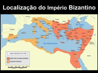 Principais pontos:
• Arte conduzida pela religião.
• Os artistas eram apenas
executores. O clero
comandava.
• Regime teocrático:
Imperador possuía poderes
administrativos e espirituais;
era considerado representante
de Deus.
•Apogeu: séc VI
 