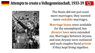 The Nazis did not just want
more marriages; they wanted
more suitable marriages.
Marriage loans were available
for the unemployed, but
divorce laws were extended
too. Marriages between Aryans
and non-Aryans were outlawed
and such couples faced prison
if they kept living together.
 