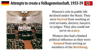 Women’s role in public life
declined under the Nazis. They
were barred from working as
civil servants, doctors, lawyers
or judges. They also could not
serve on a jury.
Women also had a limited
political influence as they were
banned from serving as
members of the Reichstag.
 