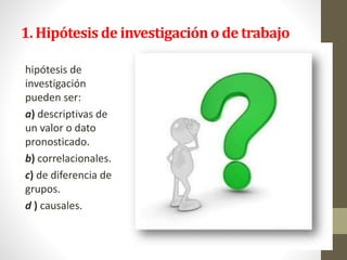 1. Hipótesis de investigacióno de trabajo
hipótesis de
investigación
pueden ser:
a) descriptivas de
un valor o dato
pronosticado.
b) correlacionales.
c) de diferencia de
grupos.
d ) causales.
 