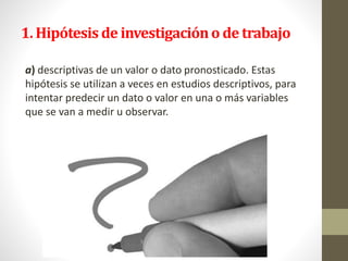 1. Hipótesis de investigacióno de trabajo
a) descriptivas de un valor o dato pronosticado. Estas
hipótesis se utilizan a veces en estudios descriptivos, para
intentar predecir un dato o valor en una o más variables
que se van a medir u observar.
 