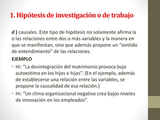 1. Hipótesis de investigacióno de trabajo
d ) causales. Este tipo de hipótesis no solamente afirma la
o las relaciones entre dos o más variables y la manera en
que se manifiestan, sino que además propone un “sentido
de entendimiento” de las relaciones.
EJEMPLO
• Hi: “La desintegración del matrimonio provoca baja
autoestima en los hijos e hijas”. (En el ejemplo, además
de establecerse una relación entre las variables, se
propone la causalidad de esa relación.)
• Hi: “Un clima organizacional negativo crea bajos niveles
de innovación en los empleados”.
 